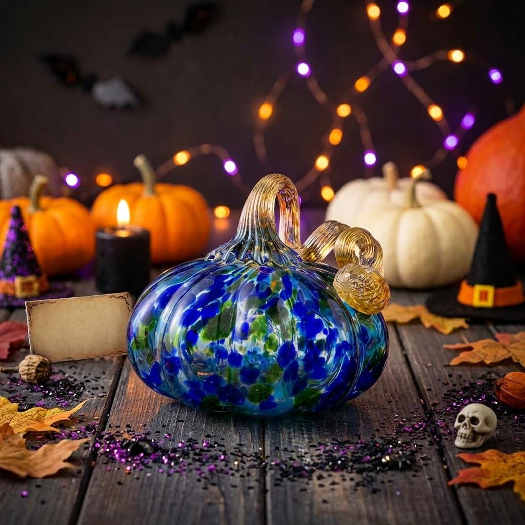Handmade Blue and Green Speckled Pumpkin Figurine, Fall Shelf Decor by AuroraeGlass — photo 1