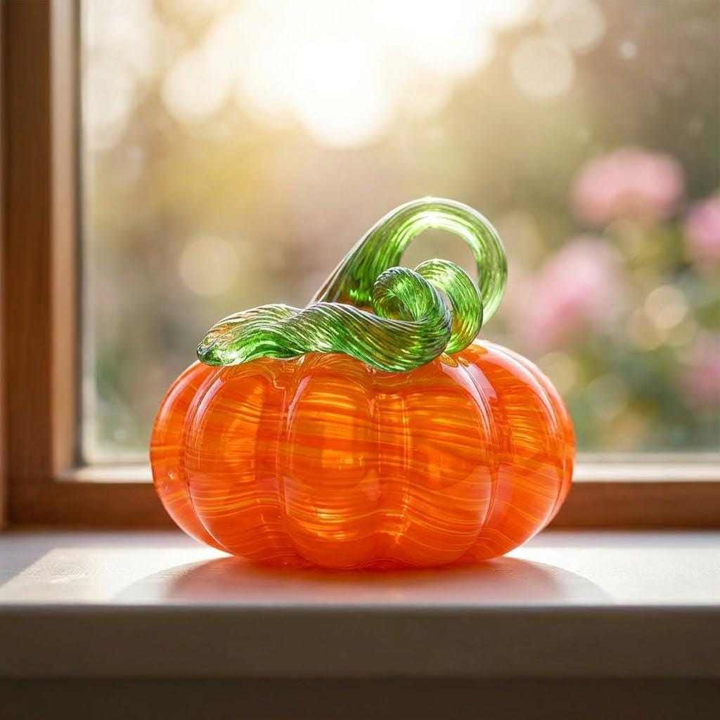Handmade Orange Striped Pumpkin Figurine with Green Curl, Autumn Table Decor by AuroraeGlass — photo 9