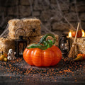 Handmade Orange Striped Pumpkin Figurine with Green Curl, Autumn Table Decor by AuroraeGlass — photo 1