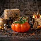 Handmade Orange Striped Pumpkin Figurine with Green Curl, Autumn Table Decor by AuroraeGlass — photo 1