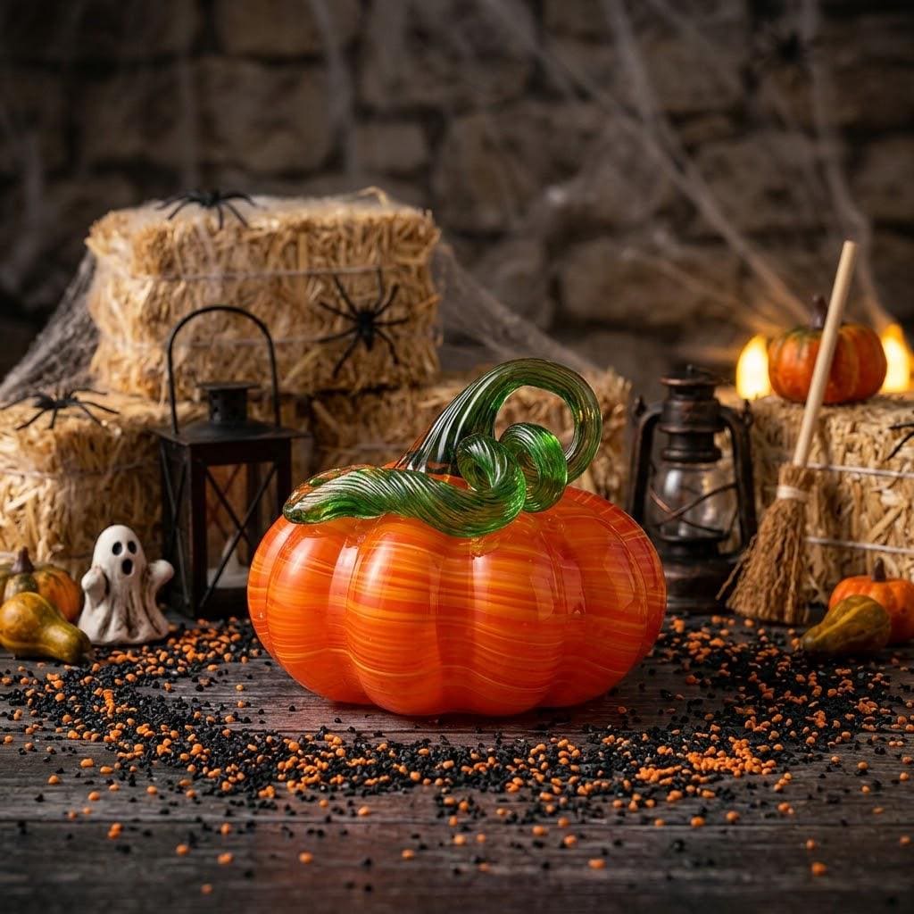 Handmade Orange Striped Pumpkin Figurine with Green Curl, Autumn Table Decor by AuroraeGlass — photo 1
