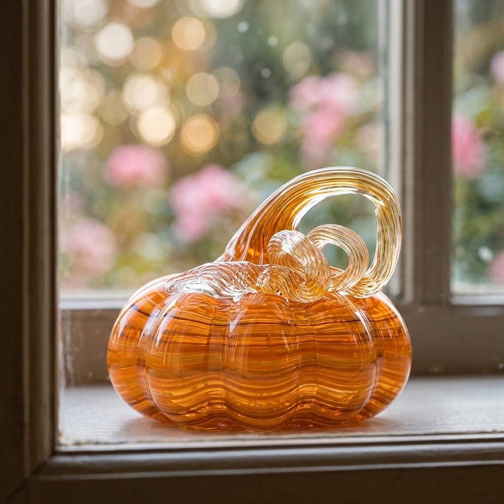 Handmade Amber Striped Pumpkin Figurine with Curled Stem, Fall Shelf Decor by AuroraeGlass — photo 8