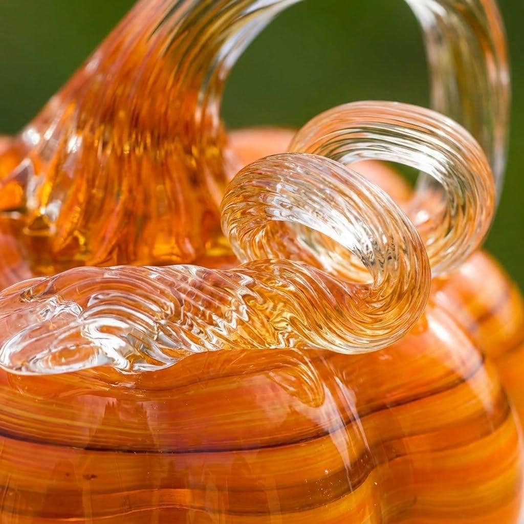 Handmade Amber Striped Pumpkin Figurine with Curled Stem, Fall Shelf Decor by AuroraeGlass — photo 10