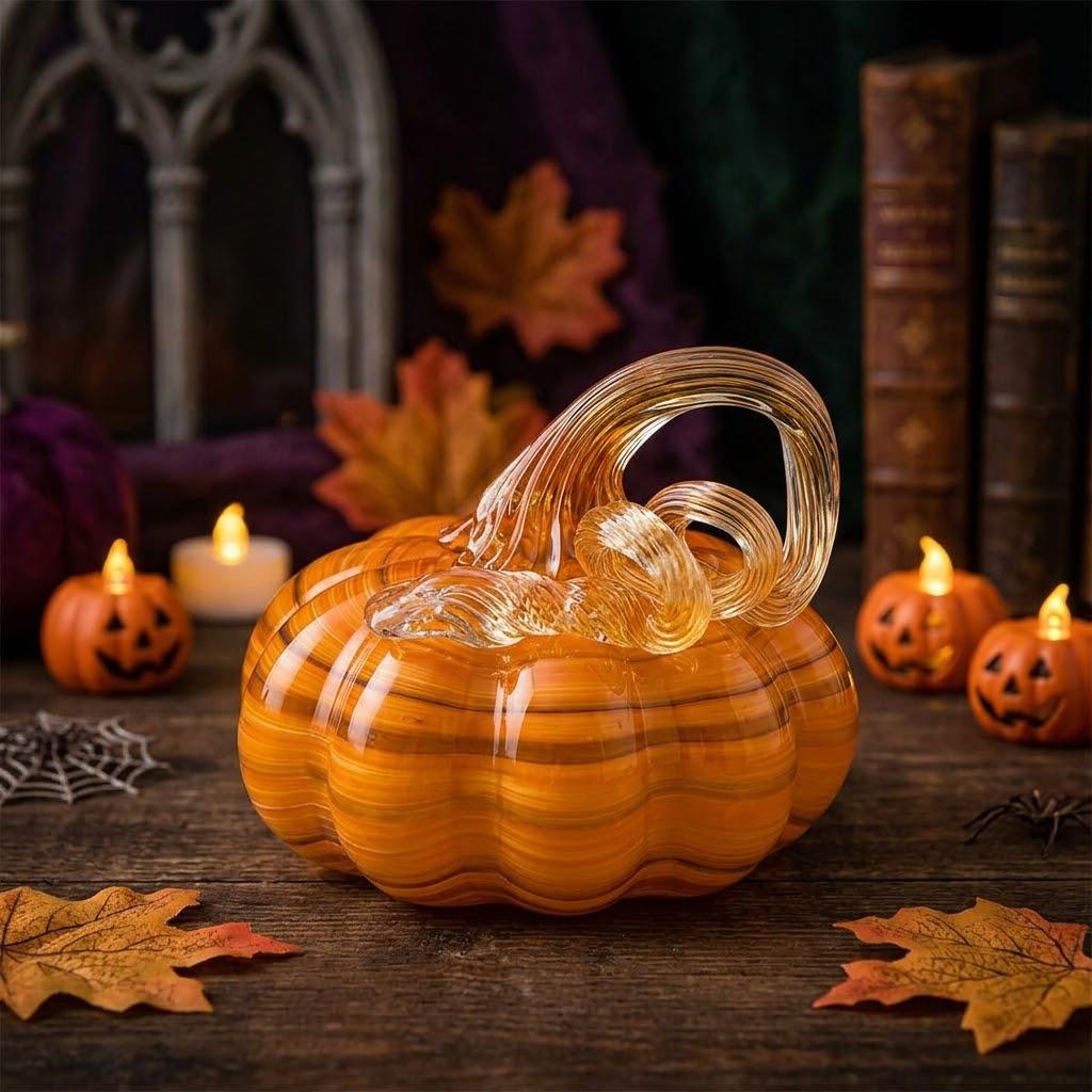 Handmade Amber Striped Pumpkin Figurine with Curled Stem, Fall Shelf Decor by AuroraeGlass — photo 1