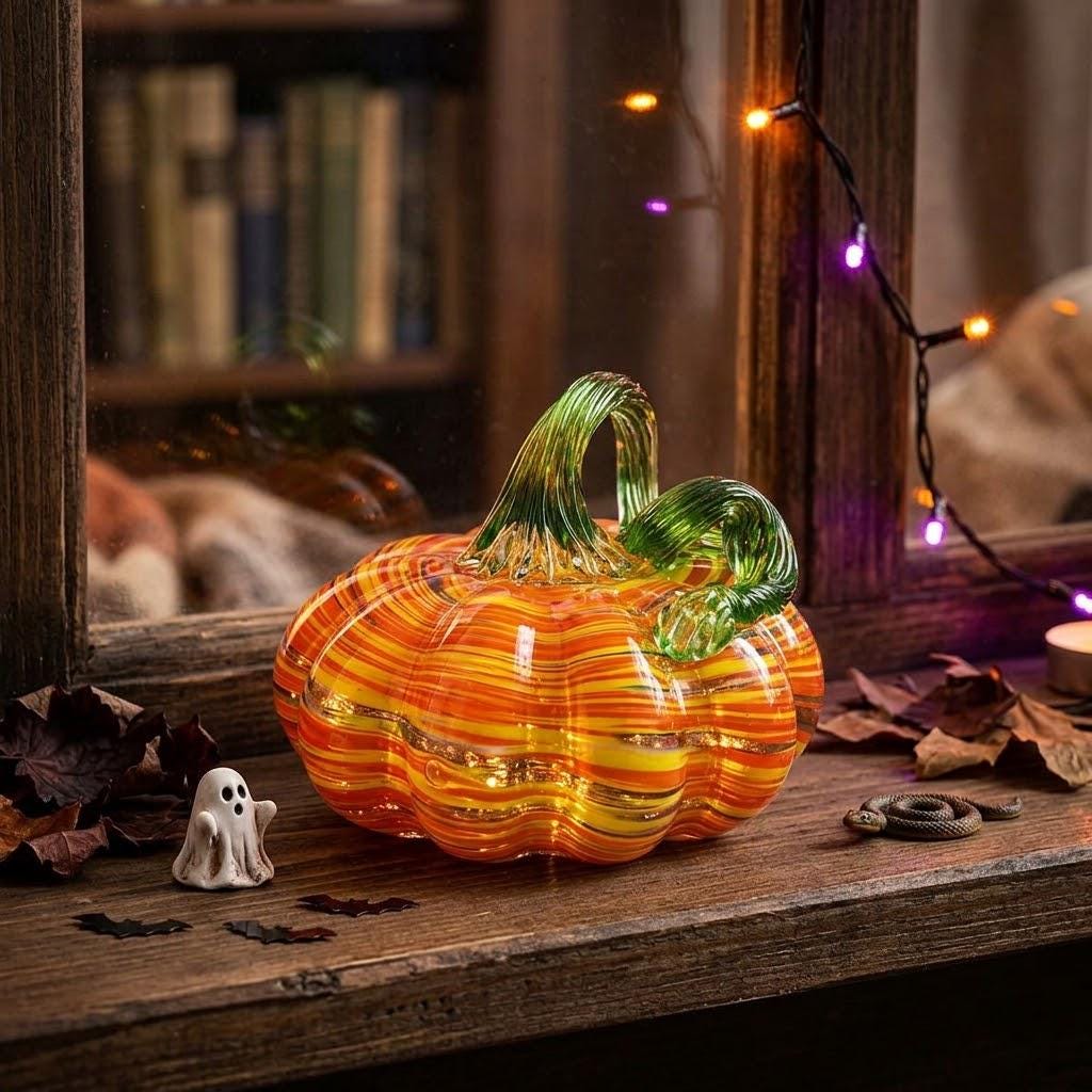 Handmade Multicolor Striped Pumpkin Figurine with Green Stem, Fall Decor by AuroraeGlass — photo 8