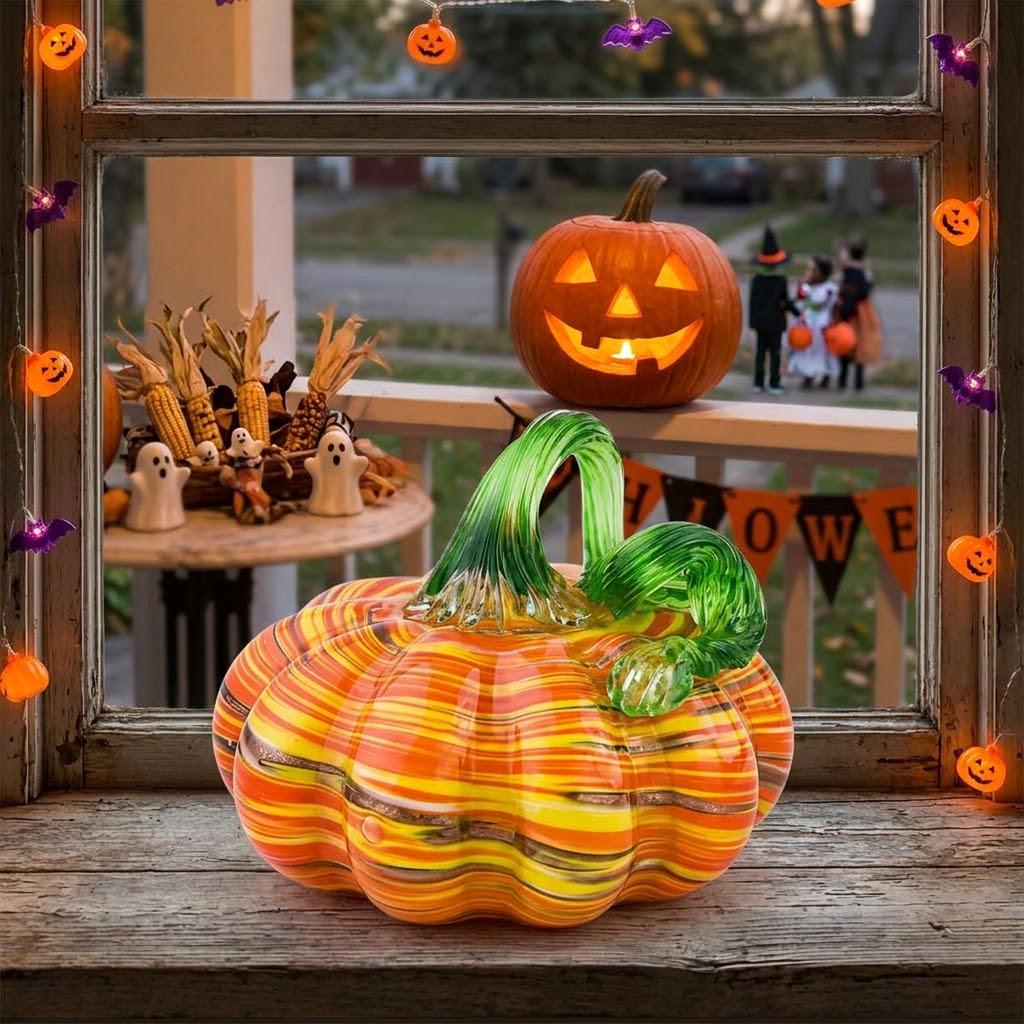 Handmade Multicolor Striped Pumpkin Figurine with Green Stem, Fall Decor by AuroraeGlass — photo 7