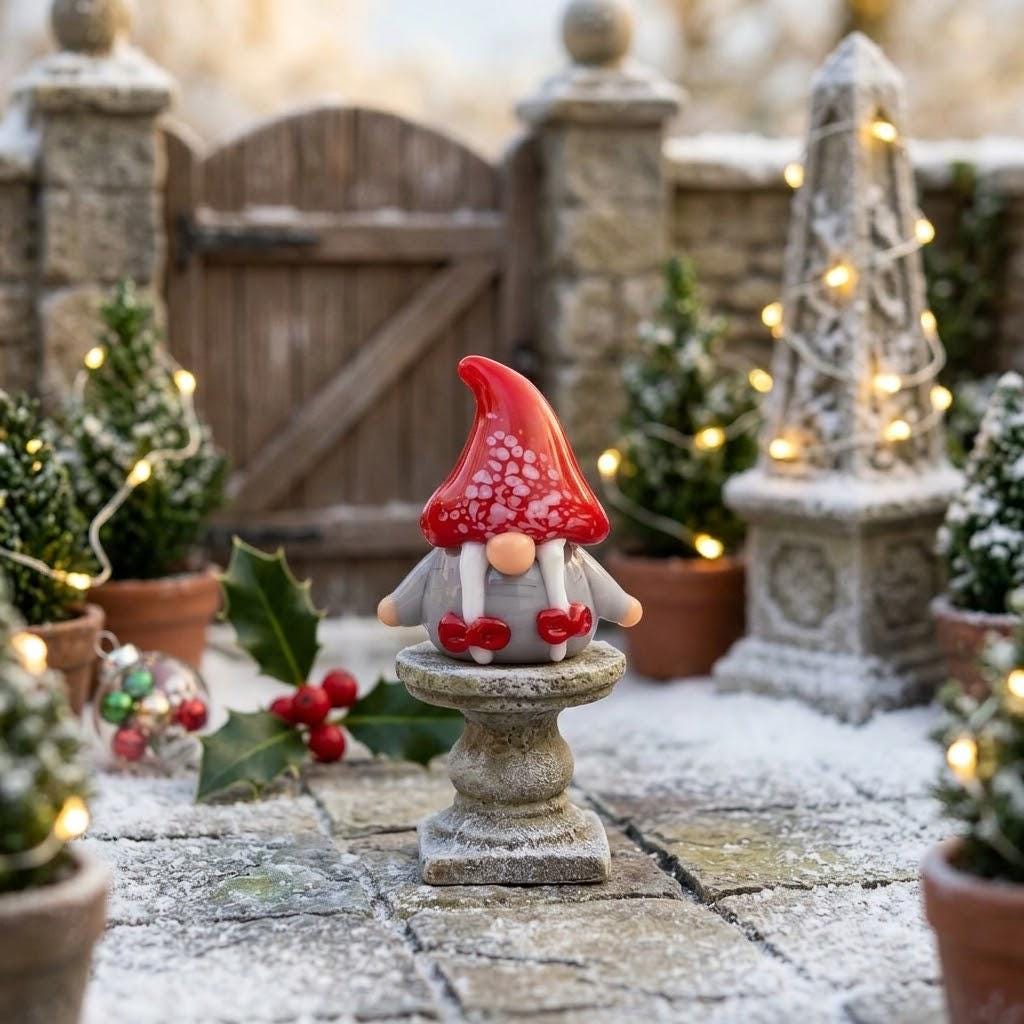 Gnome Figurine with Red Speckled Hat and Twin White Braids, Mini Decor by AuroraeGlass — photo 8