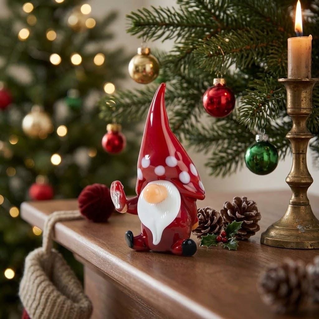 Gnome Figurine with Tall Red Spotted Hat and Raised Hand, Tabletop Decor by AuroraeGlass — photo 1