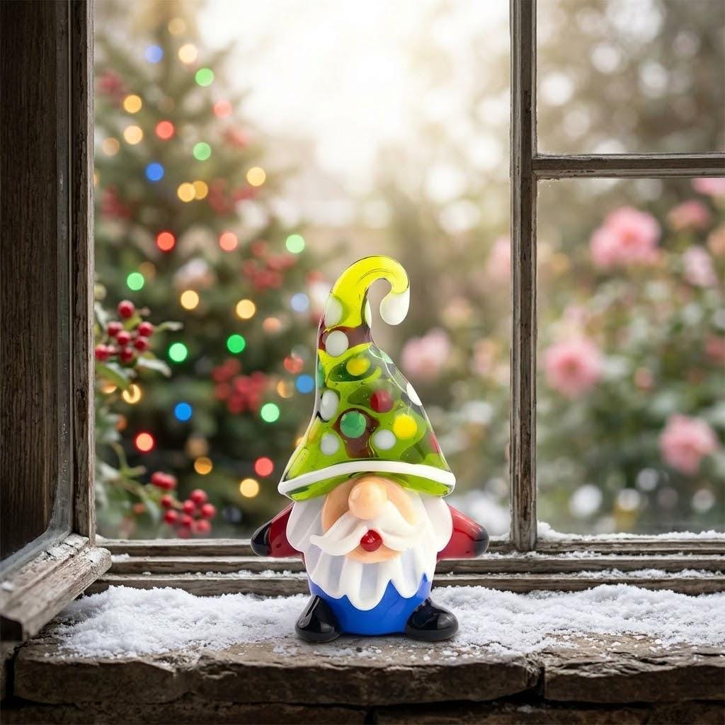 Gnome Figurine with Green Polka Dot Hat and Blue Body, Colorful Shelf Decor by AuroraeGlass — photo 3