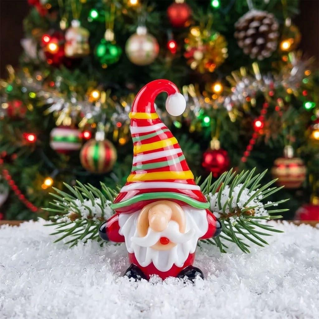 Gnome Figurine with Red Multicolor Striped Hat and White Beard, Shelf Decor by AuroraeGlass — photo 3