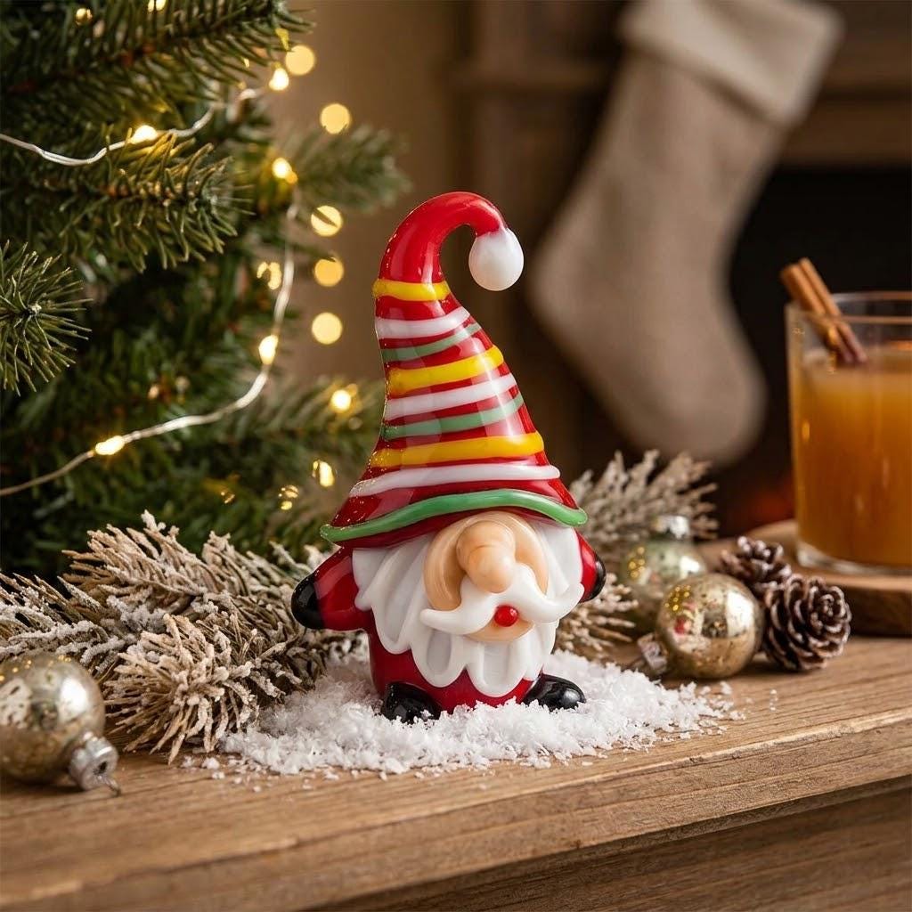 Gnome Figurine with Red Multicolor Striped Hat and White Beard, Shelf Decor by AuroraeGlass — photo 1