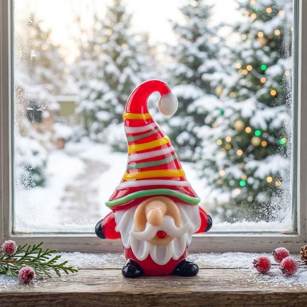 Gnome Figurine with Red Multicolor Striped Hat and White Beard, Shelf Decor by AuroraeGlass — photo 2