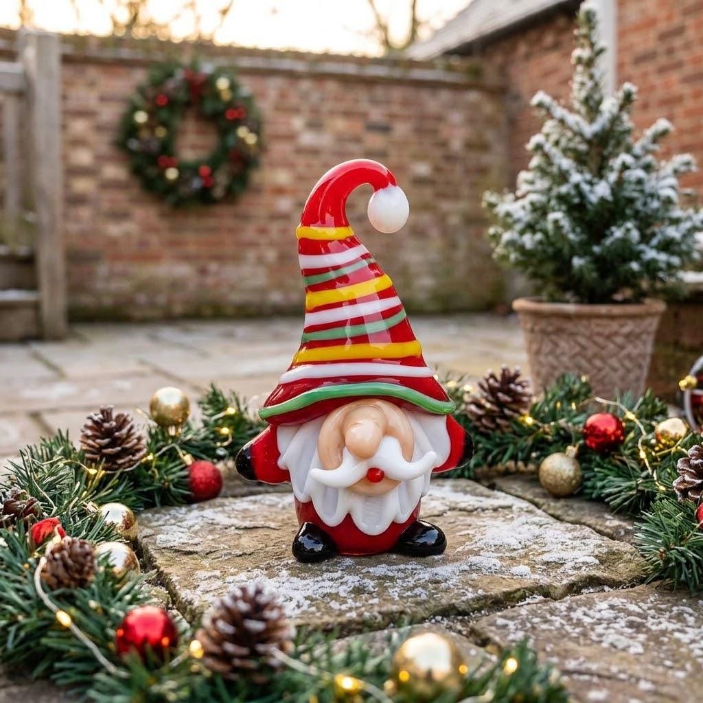 Gnome Figurine with Red Multicolor Striped Hat and White Beard, Shelf Decor by AuroraeGlass — photo 8