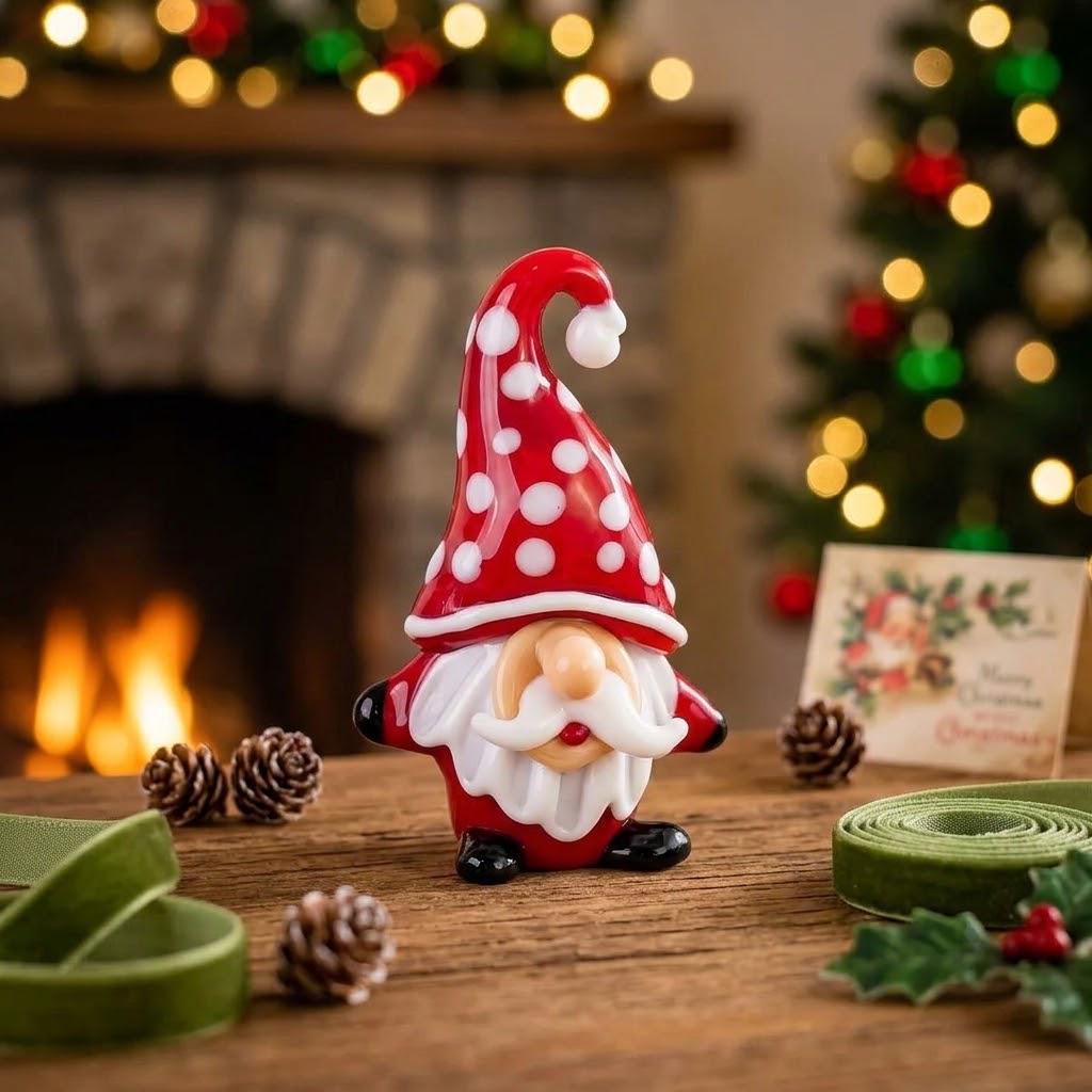 Gnome Figurine with Red and White Polka Dot Hat and Curled Beard, Shelf Decor by AuroraeGlass — photo 1