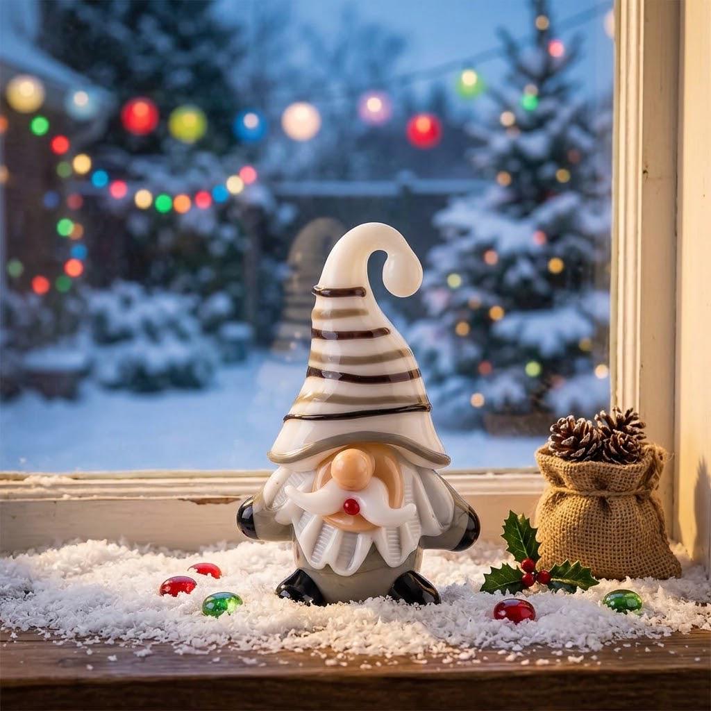 Gnome Figurine with White Striped Hat and Gray Body, Mini Shelf Decor by AuroraeGlass — photo 3