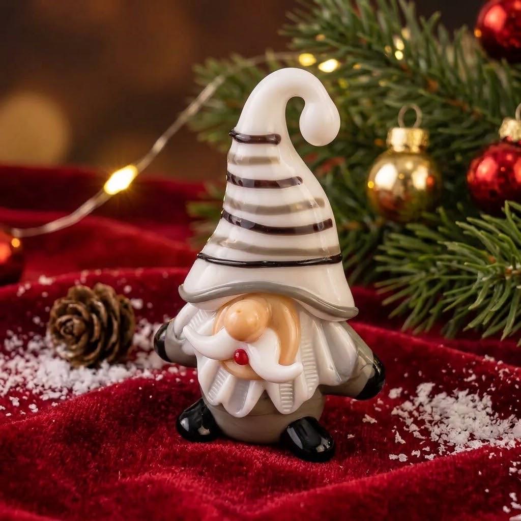 Gnome Figurine with White Striped Hat and Gray Body, Mini Shelf Decor by AuroraeGlass — photo 1