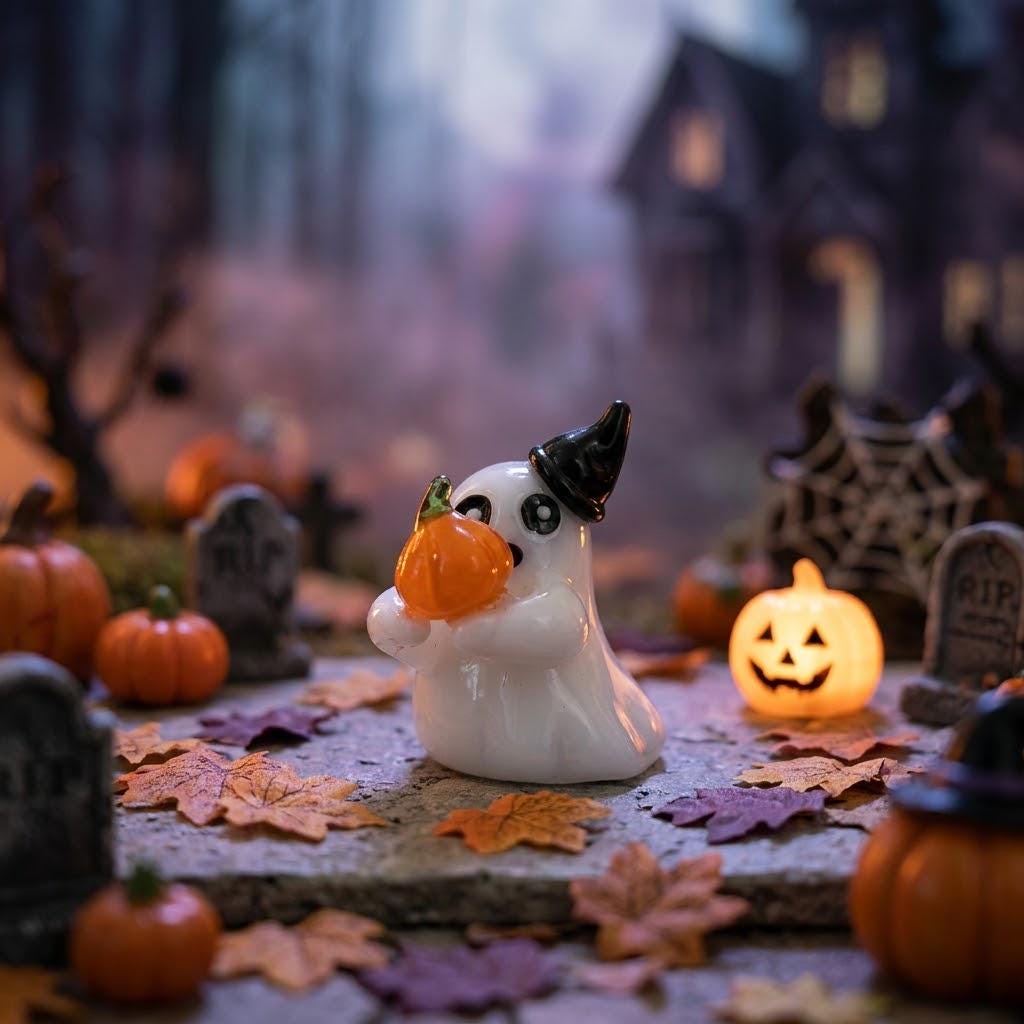 Ghost Figurine Holding Orange Pumpkin with Black Pointed Hat, Mini Halloween Decor by AuroraeGlass — photo 7