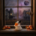 Ghost Figurine Holding Orange Pumpkin with Black Pointed Hat, Mini Halloween Decor by AuroraeGlass — photo 1