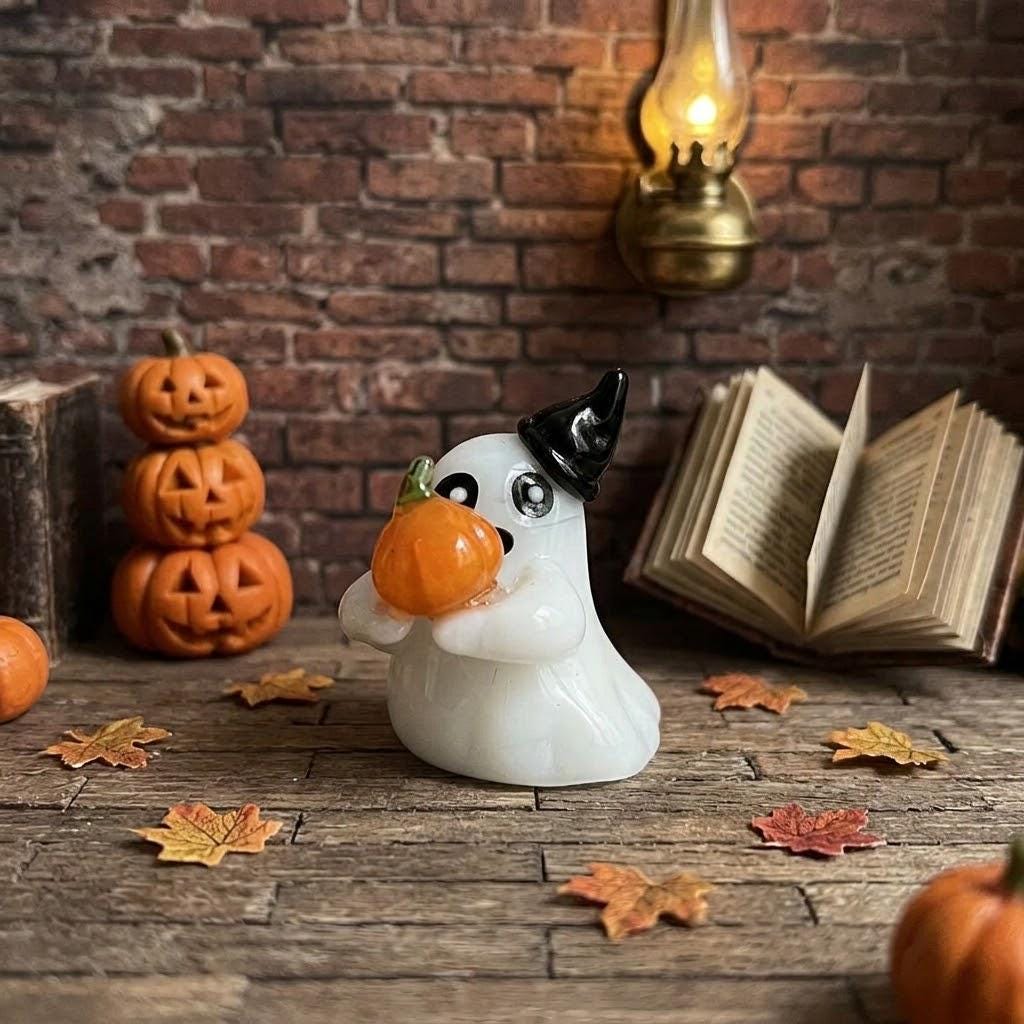 Ghost Figurine Holding Orange Pumpkin with Black Pointed Hat, Mini Halloween Decor by AuroraeGlass — photo 2