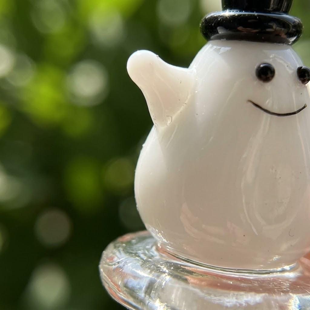Smiling Ghost Figurine with Black Top Hat and Clear Base, Mini Halloween Shelf Decor by AuroraeGlass — photo 4