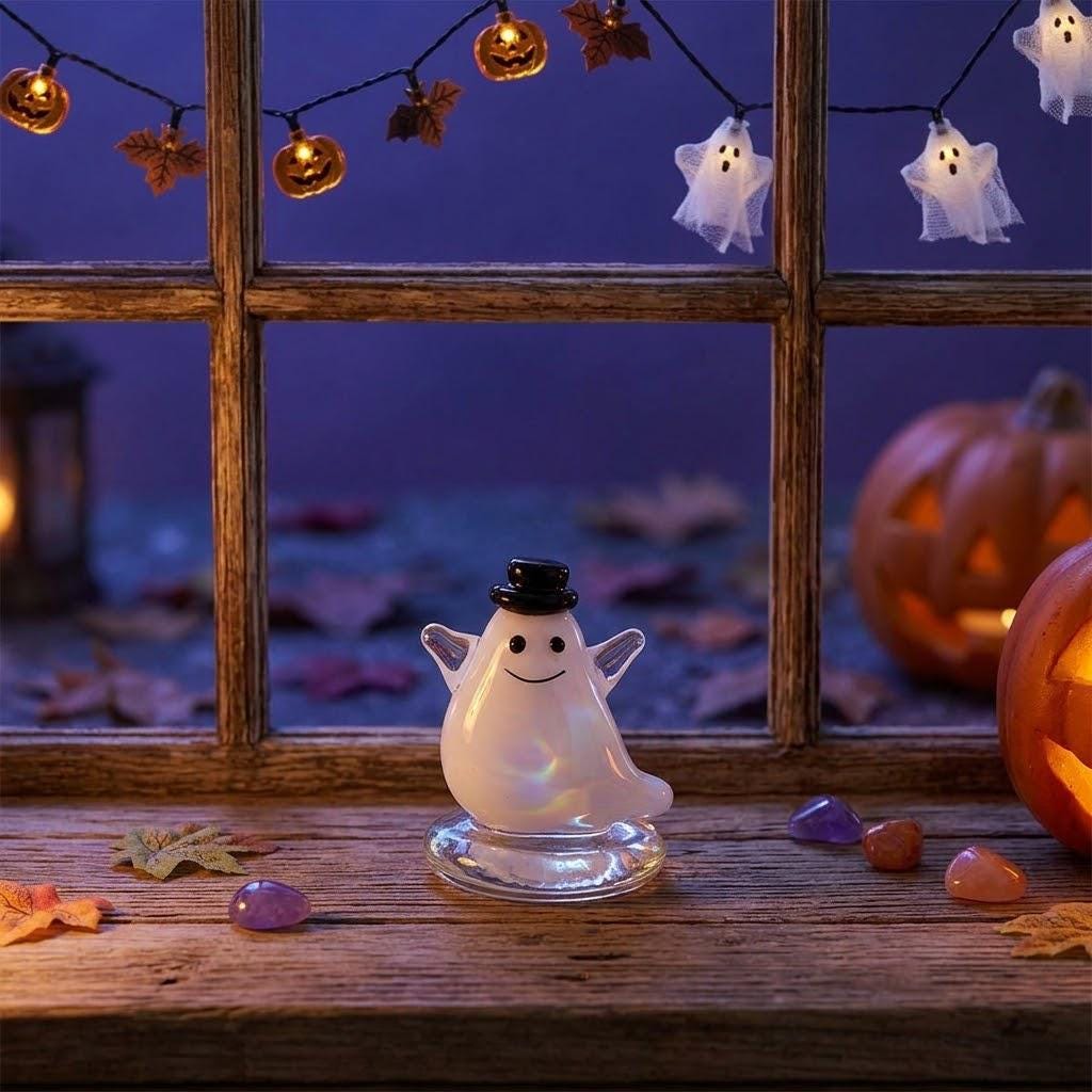 Smiling Ghost Figurine with Black Top Hat and Clear Base, Mini Halloween Shelf Decor by AuroraeGlass — photo 3