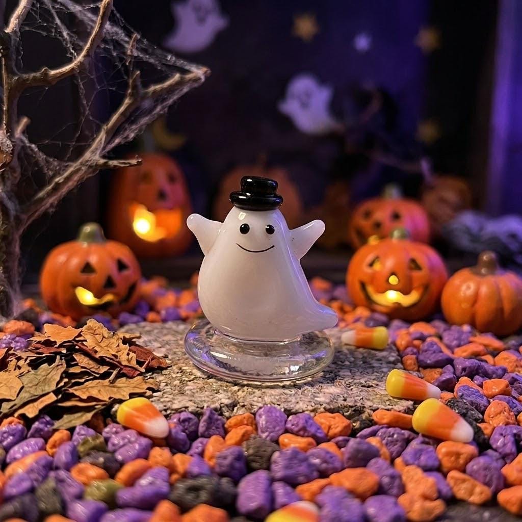 Smiling Ghost Figurine with Black Top Hat and Clear Base, Mini Halloween Shelf Decor by AuroraeGlass — photo 1