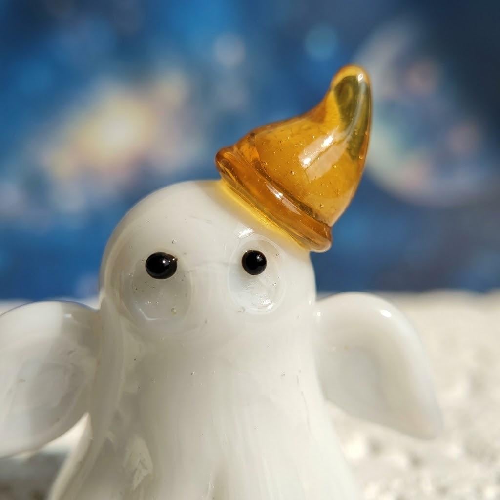Ghost Figurine with Tilted Amber Pointed Hat, Small Halloween Table Decor by AuroraeGlass — photo 6