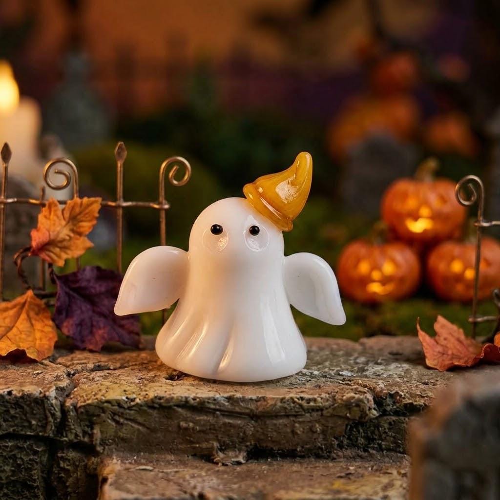 Ghost Figurine with Tilted Amber Pointed Hat, Small Halloween Table Decor by AuroraeGlass — photo 2