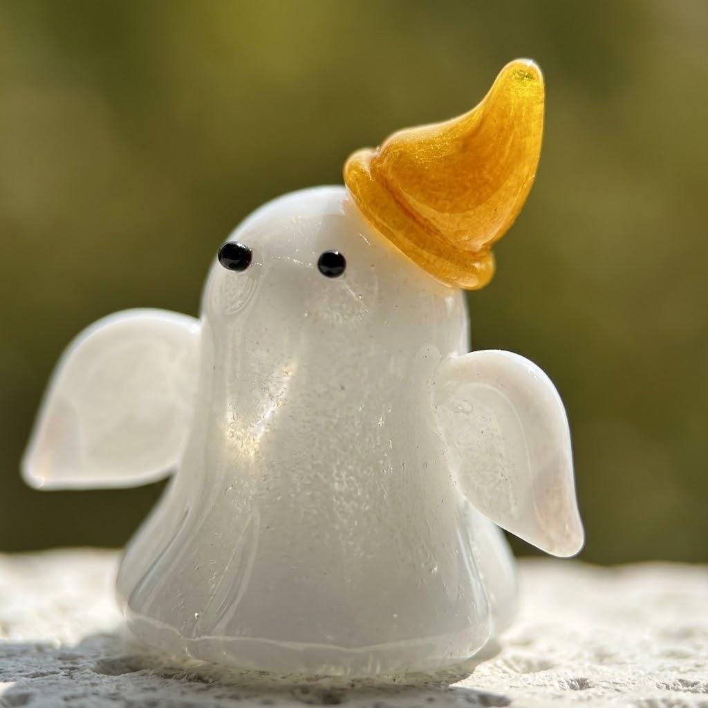 Ghost Figurine with Tilted Amber Pointed Hat, Small Halloween Table Decor by AuroraeGlass — photo 5
