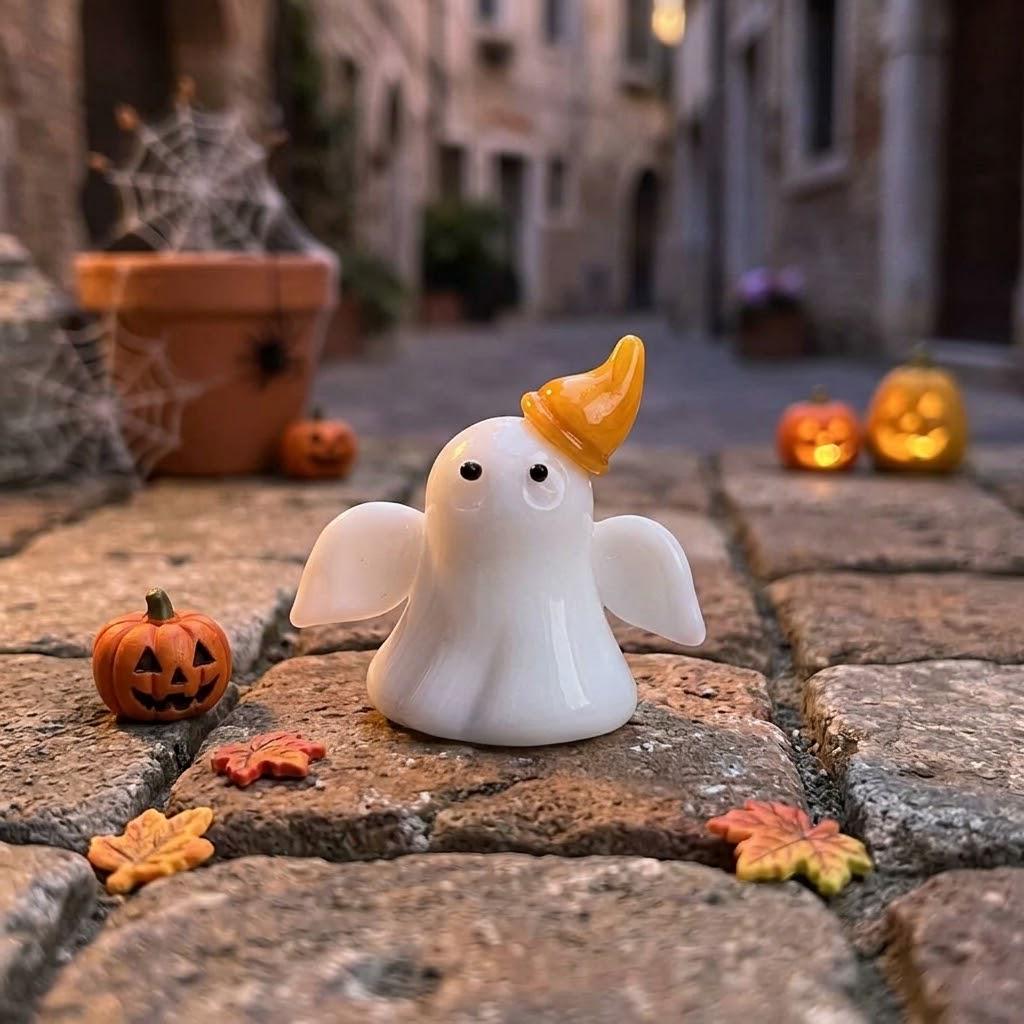 Ghost Figurine with Tilted Amber Pointed Hat, Small Halloween Table Decor by AuroraeGlass — photo 3