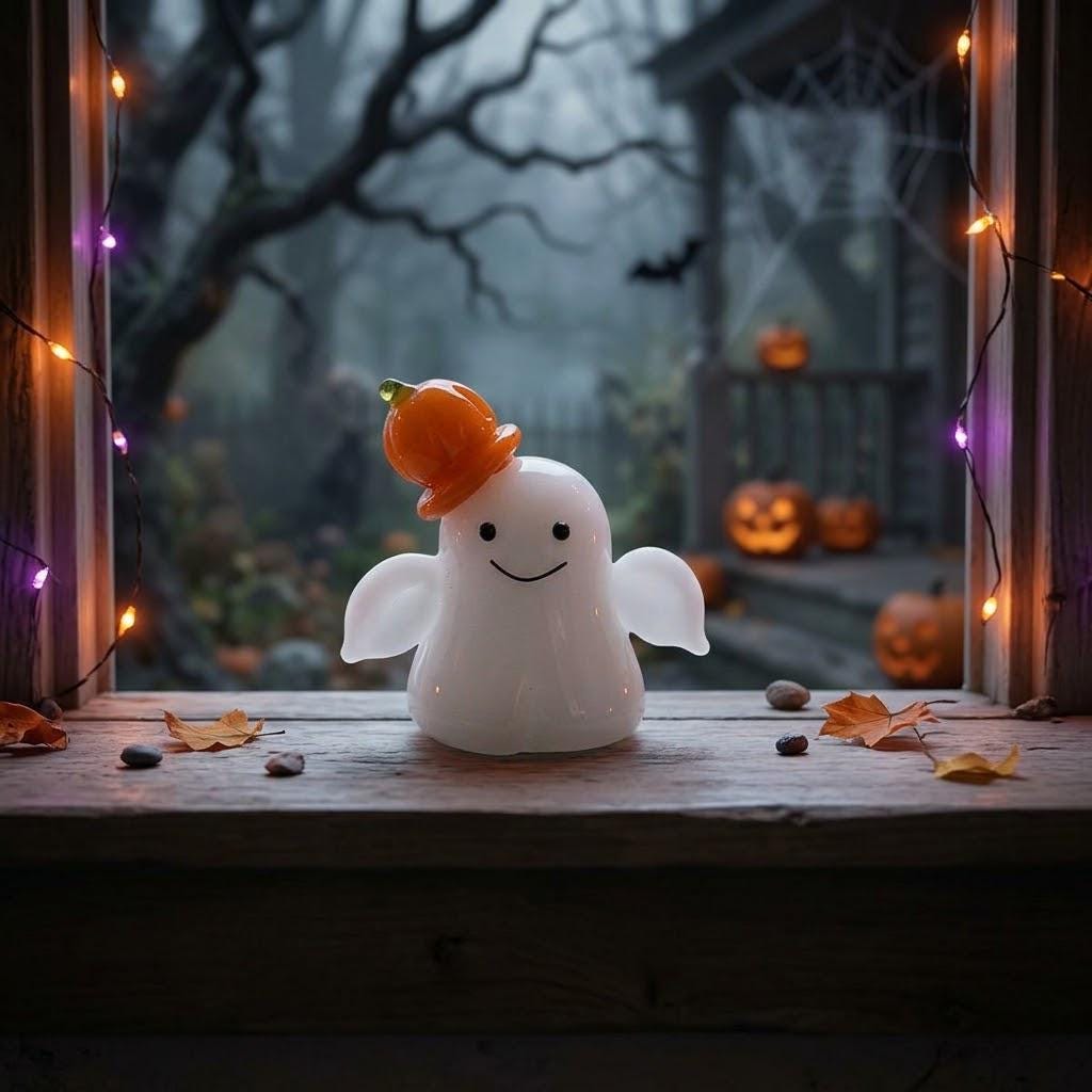 Smiling Ghost Figurine with Orange Pumpkin Hat, Mini Halloween Shelf Decor by AuroraeGlass — photo 8