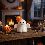 Smiling Ghost Figurine with Orange Pumpkin Hat, Mini Halloween Shelf Decor by AuroraeGlass — photo 1