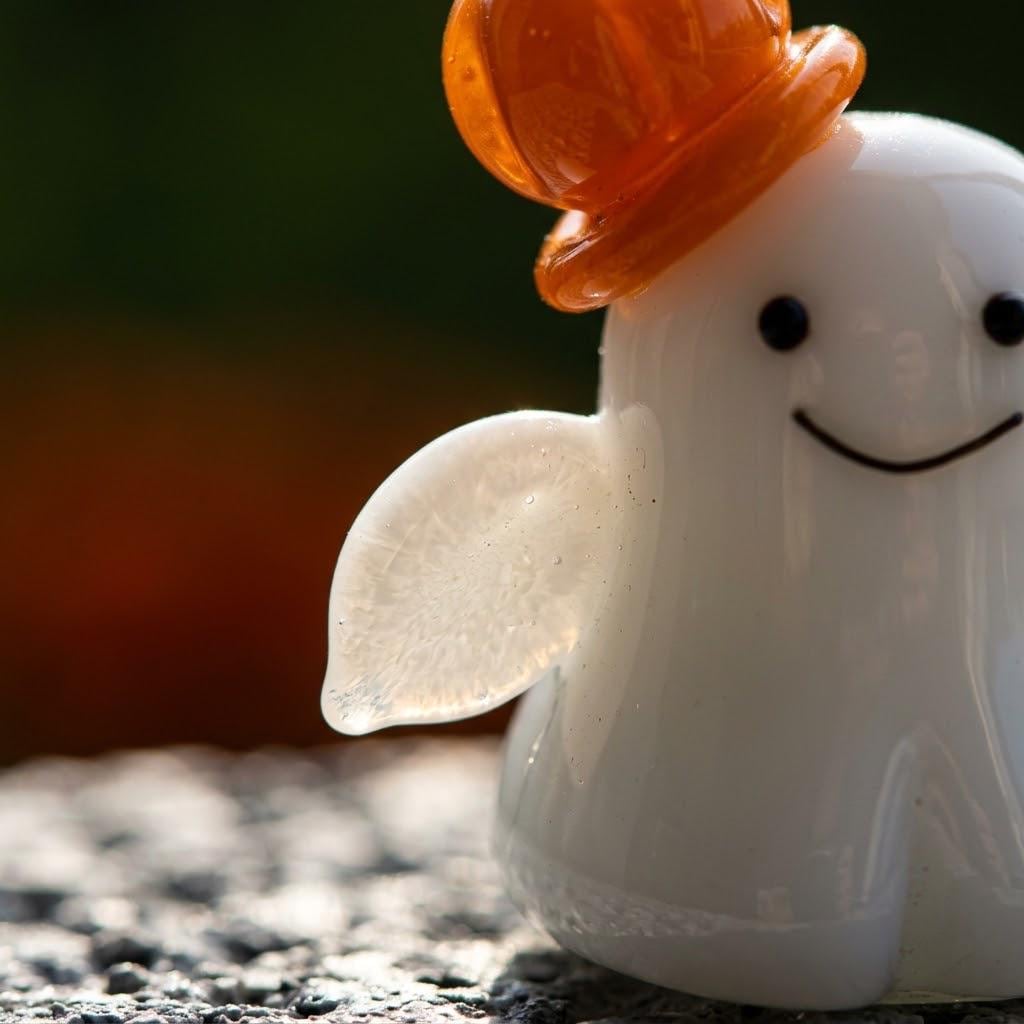 Smiling Ghost Figurine with Orange Pumpkin Hat, Mini Halloween Shelf Decor by AuroraeGlass — photo 4