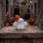 Smiling Ghost Figurine with Orange Pumpkin Hat, Mini Halloween Shelf Decor by AuroraeGlass — photo 9
