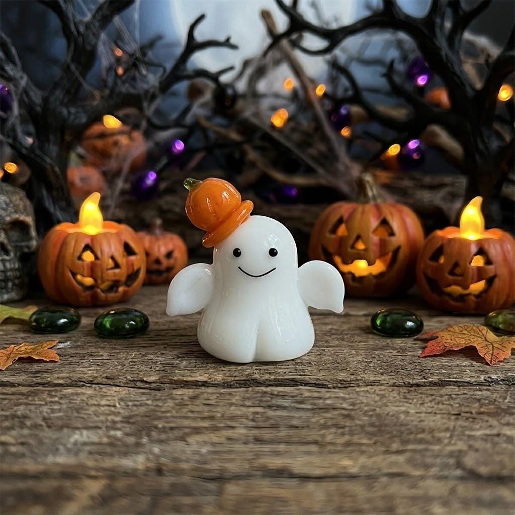 Smiling Ghost Figurine with Orange Pumpkin Hat, Mini Halloween Shelf Decor by AuroraeGlass — photo 2