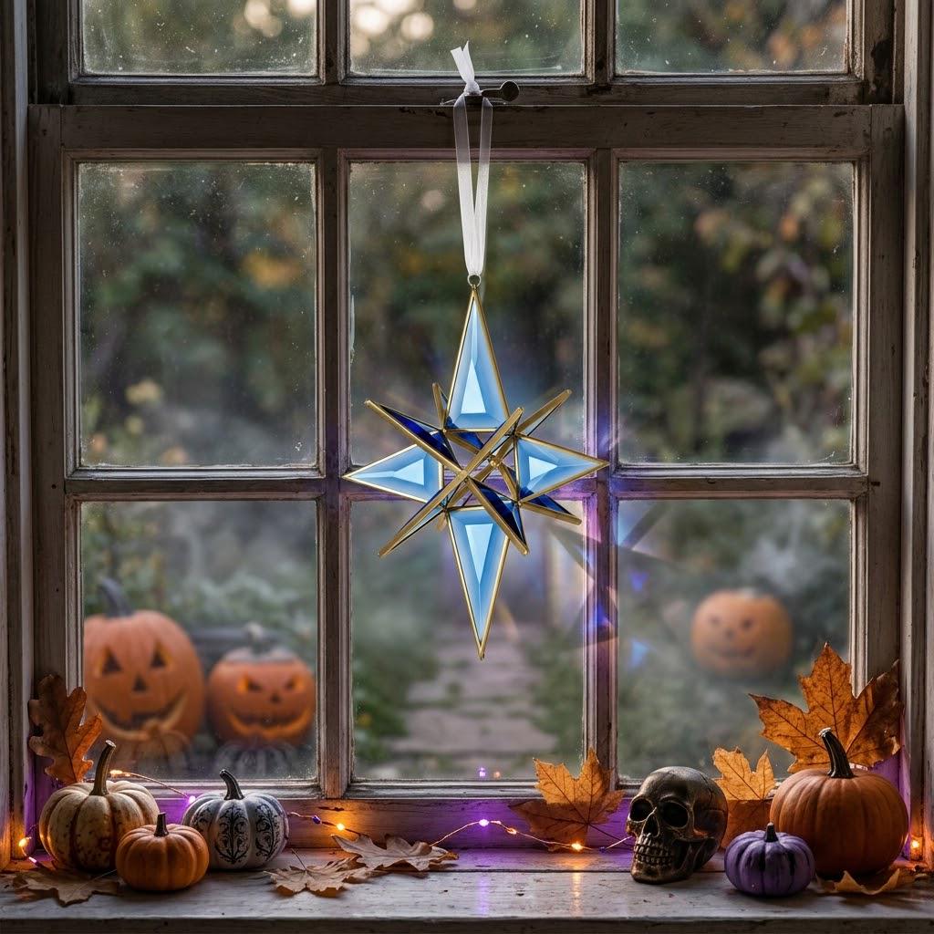 Handmade Blue Glass Star Window Hanging with Geometric Gold-Tone Frame by AuroraeGlass — photo 2