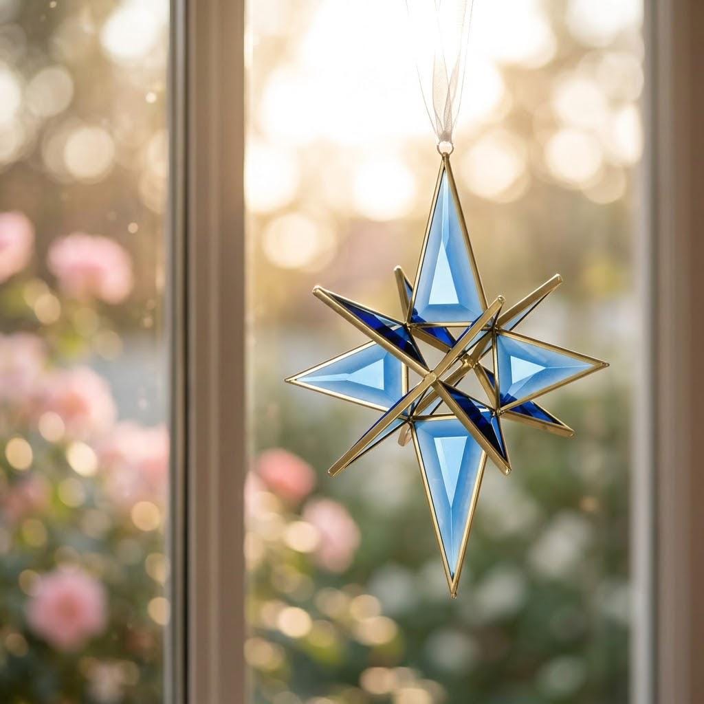 Handmade Blue Glass Star Window Hanging with Geometric Gold-Tone Frame by AuroraeGlass — photo 7
