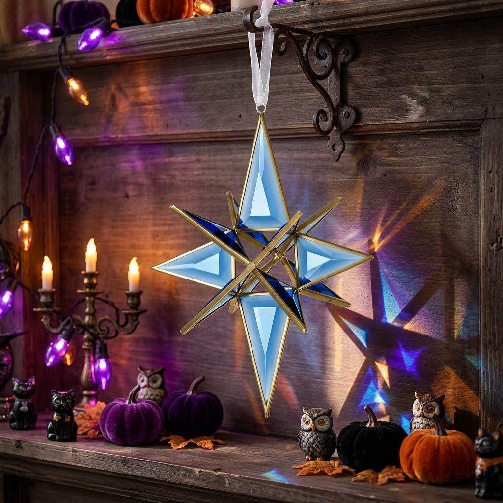 Handmade Blue Glass Star Window Hanging with Geometric Gold-Tone Frame by AuroraeGlass — photo 1
