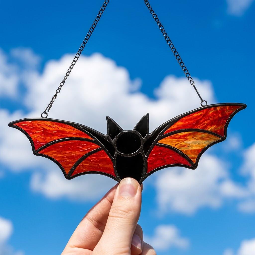 Orange Bat Suncatcher, Black Halloween Window Hanging by AuroraeGlass — photo 5