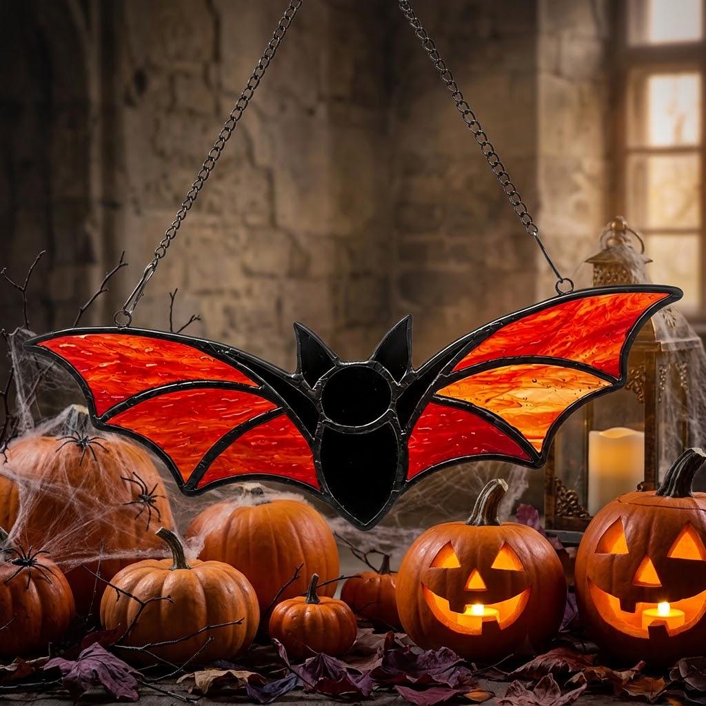 Orange Bat Suncatcher, Black Halloween Window Hanging by AuroraeGlass — photo 4
