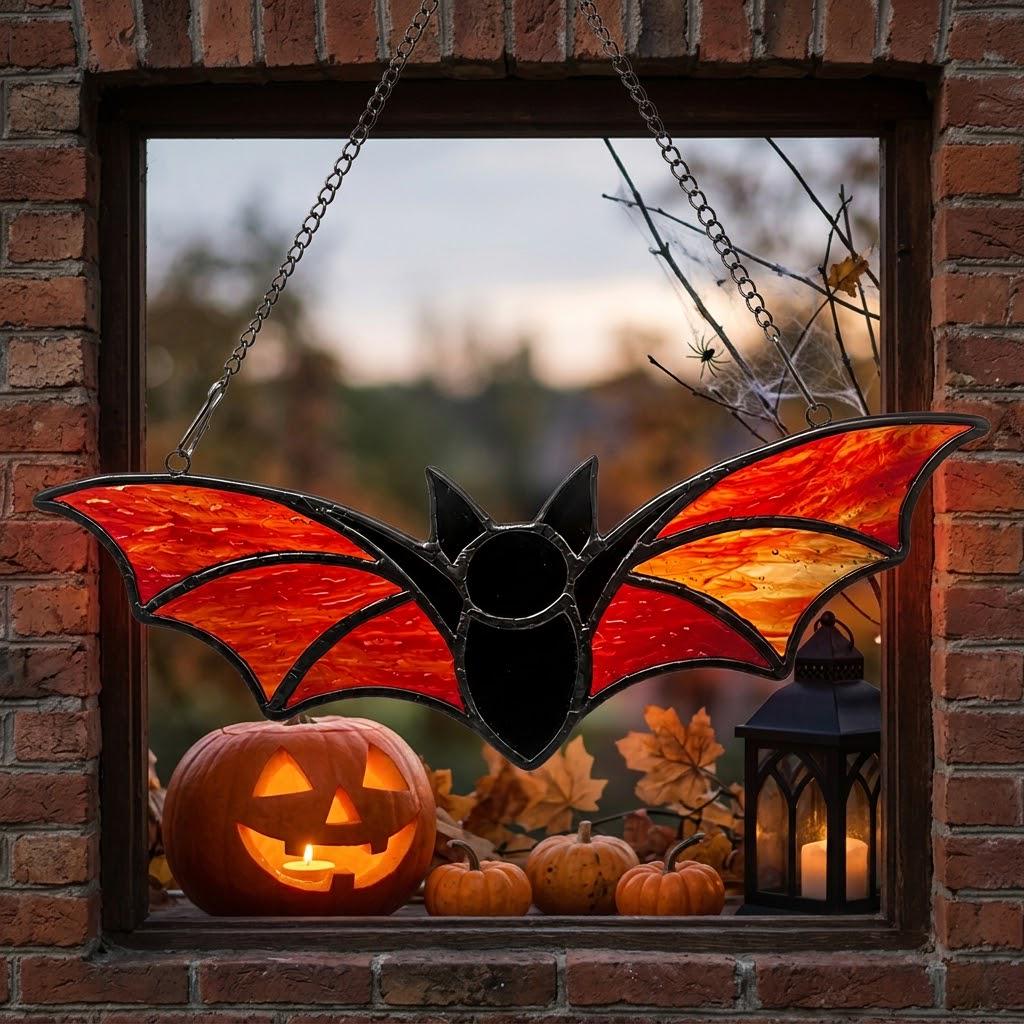 Orange Bat Suncatcher, Black Halloween Window Hanging by AuroraeGlass — photo 1