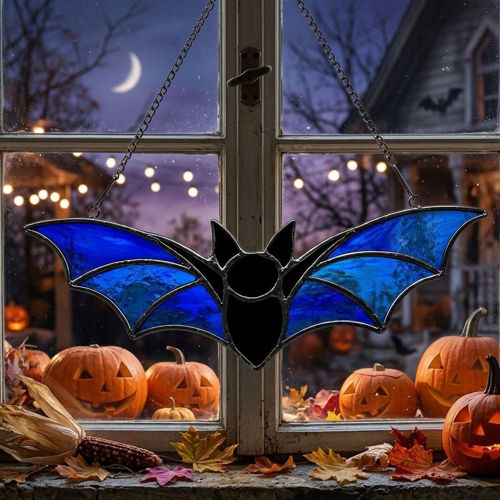 Blue Bat Suncatcher, Black Gothic Window Hanging by AuroraeGlass — photo 2