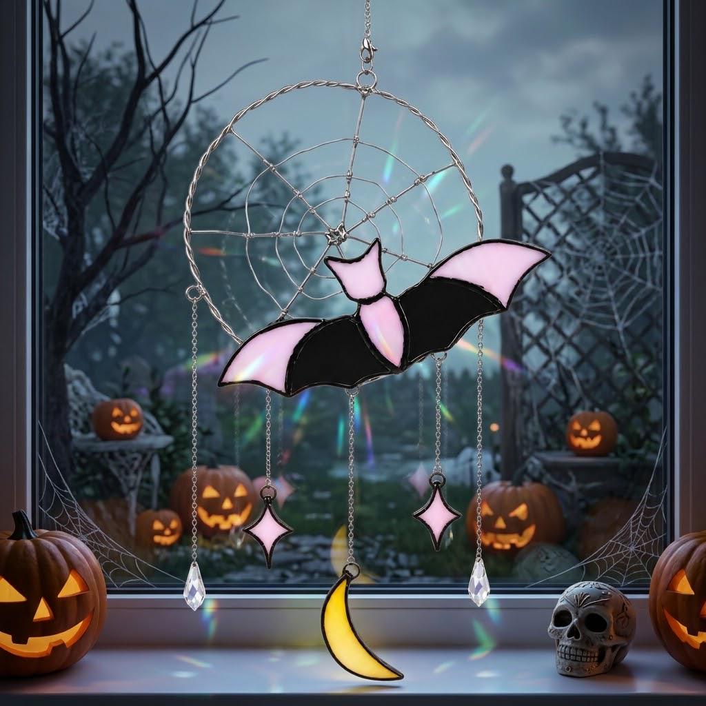 Pink Bat and Spiderweb Suncatcher with Crescent Moon by AuroraeGlass — photo 1