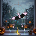 Pink Bat and Spiderweb Suncatcher with Crescent Moon by AuroraeGlass — photo 1