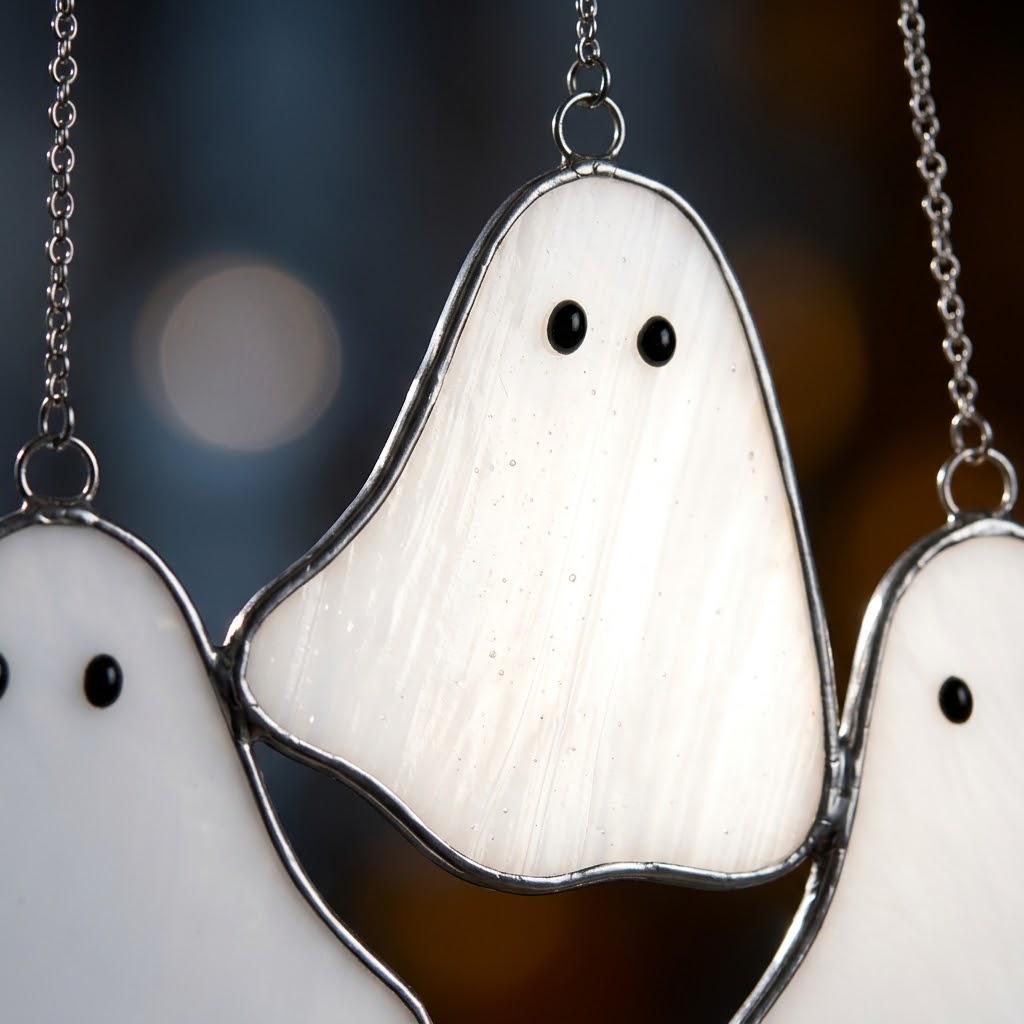 Five White Ghosts Halloween Mobile with Branch Hanger by AuroraeGlass — photo 6