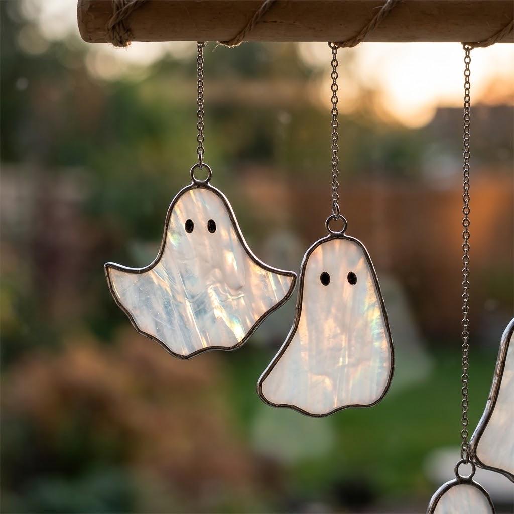 Five Iridescent Ghosts Halloween Mobile with Branch Hanger by AuroraeGlass — photo 7