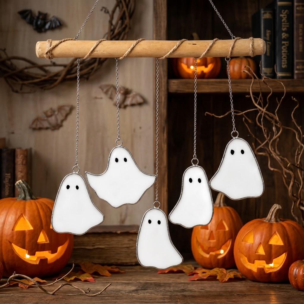 Five Iridescent Ghosts Halloween Mobile with Branch Hanger by AuroraeGlass — photo 3