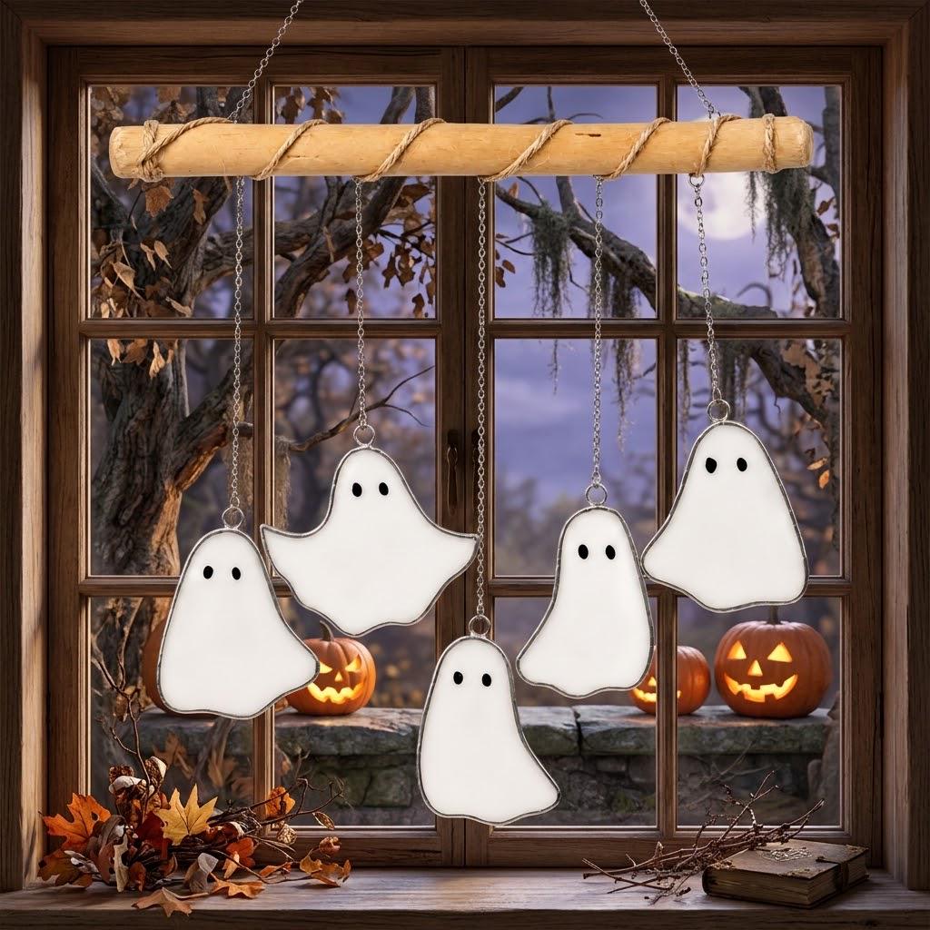 Five Iridescent Ghosts Halloween Mobile with Branch Hanger by AuroraeGlass — photo 2