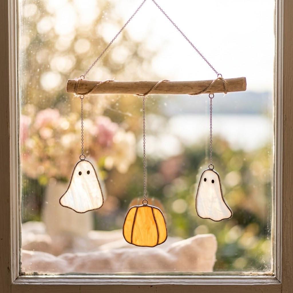 Ghost and Pumpkin Halloween Mobile with Branch Hanger by AuroraeGlass — photo 1