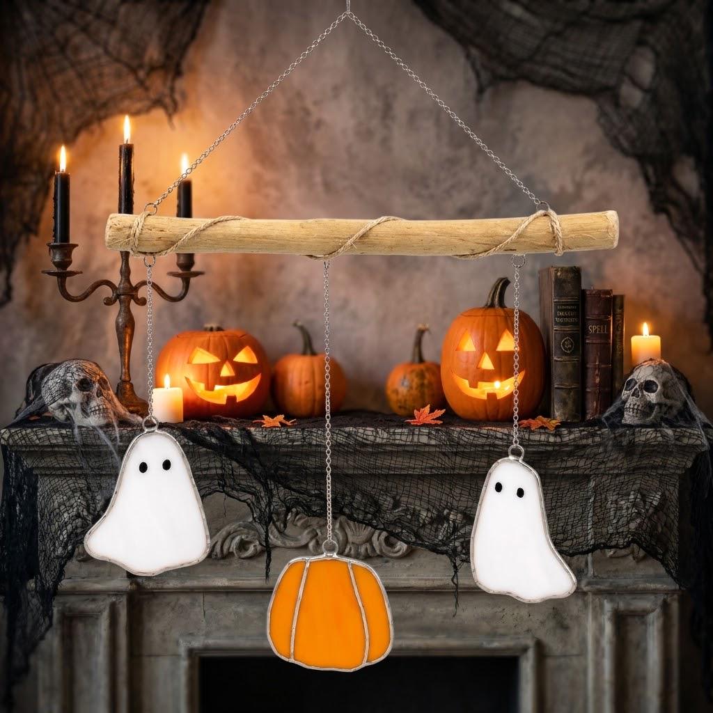 Ghost and Pumpkin Halloween Mobile with Branch Hanger by AuroraeGlass — photo 10